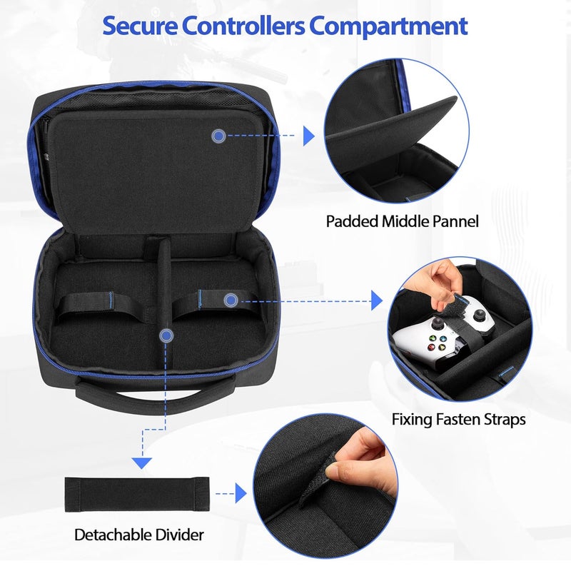 PGmoon Travel Carrying Case Compatible With PS5 / PS4 / Xbox / Switch Pro Controllers, Protective Storage Bag for 2 Controllers & Accessories, Blue (Patent Design) - Image 2